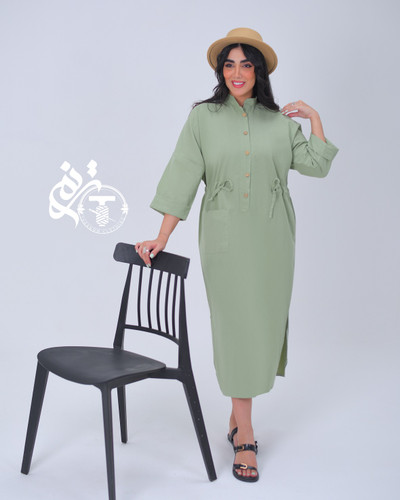 کفتان ، پیراهن بلند لنین ساده مدل آفاق رنگ سبز زیتونی