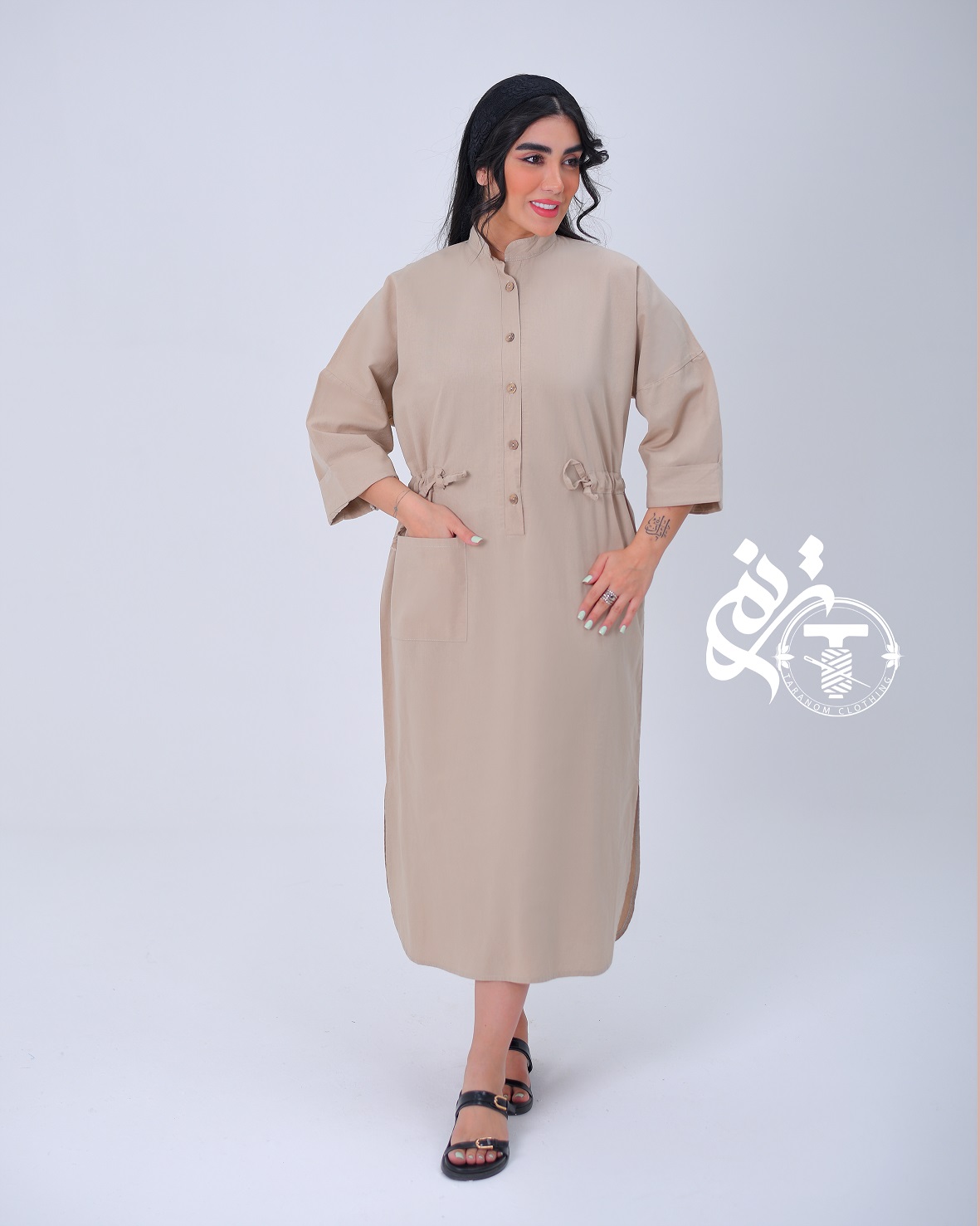 کفتان ، پیراهن بلند لنین ساده مدل آفاق رنگ کرم